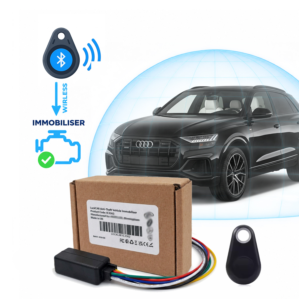 fob audi-best alternative LockCar IC3262 TAG immobiliser with TAG ID fob and retail box in front of an SUV under a protective dome, no TAG no start