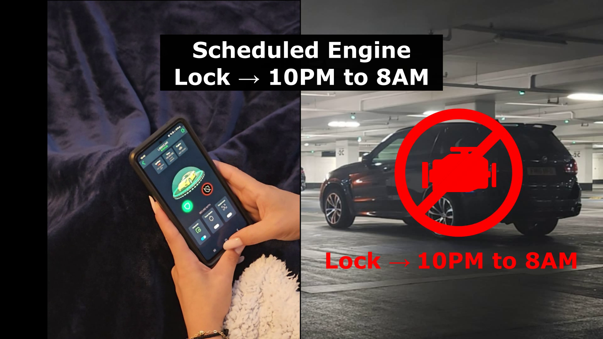 LockCar IC3ST device with app interface showing arming/disarming controls
