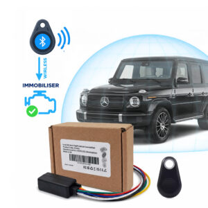 mercedes g-class-best alternative LockCar IC3262 TAG immobiliser with TAG ID fob and retail box in front of an SUV under a protective dome, no TAG no start
