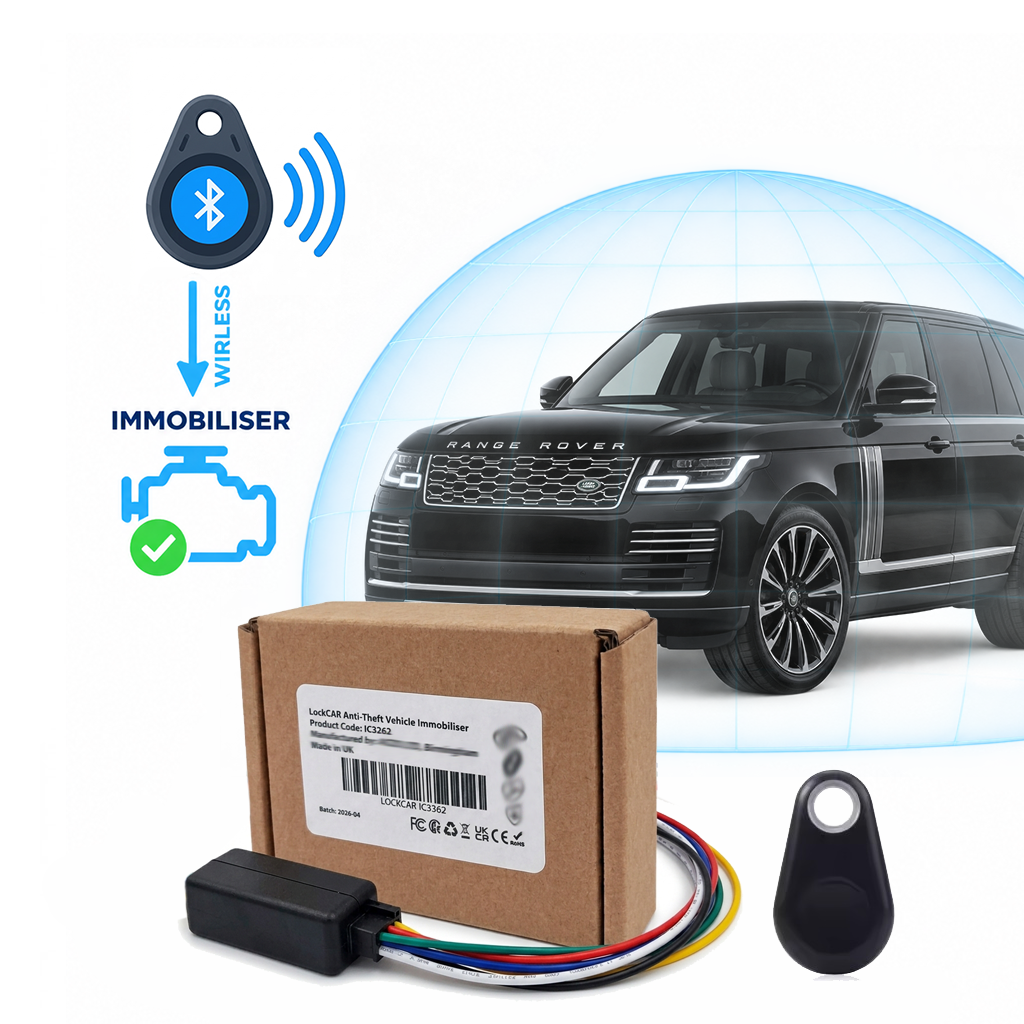 LockCar Bluetooth tag key fob immobiliser for keyless cars shown next to the vehicle key