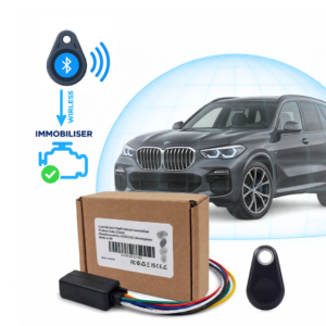 bmw best alternative LockCar IC3262 TAG immobiliser with TAG ID fob and retail box in front of an SUV under a protective dome, no TAG no start