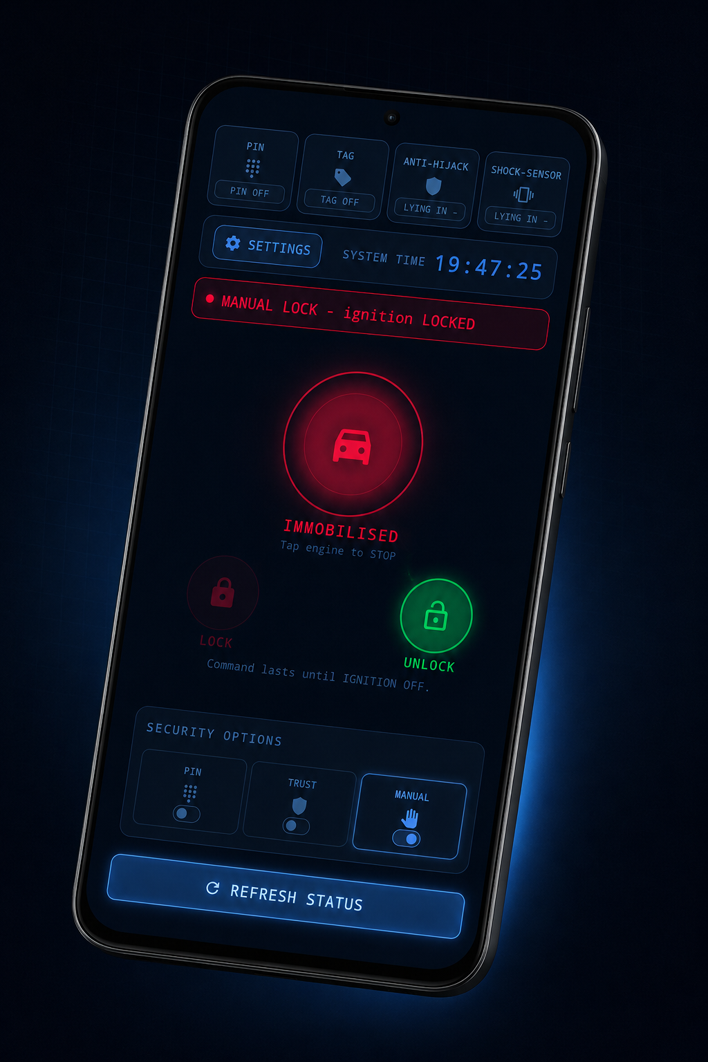 LockCar CAN-IMMO app dashboard, live vehicle security status