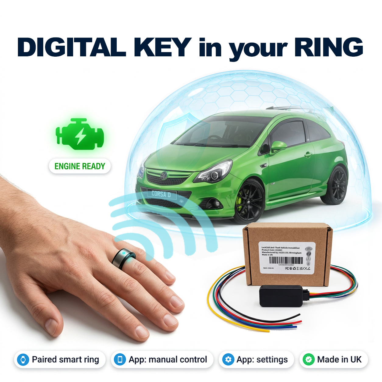 Aftermarket digital key kit: LockCar DK3262 immobiliser module, connector loom, quick start guide and box