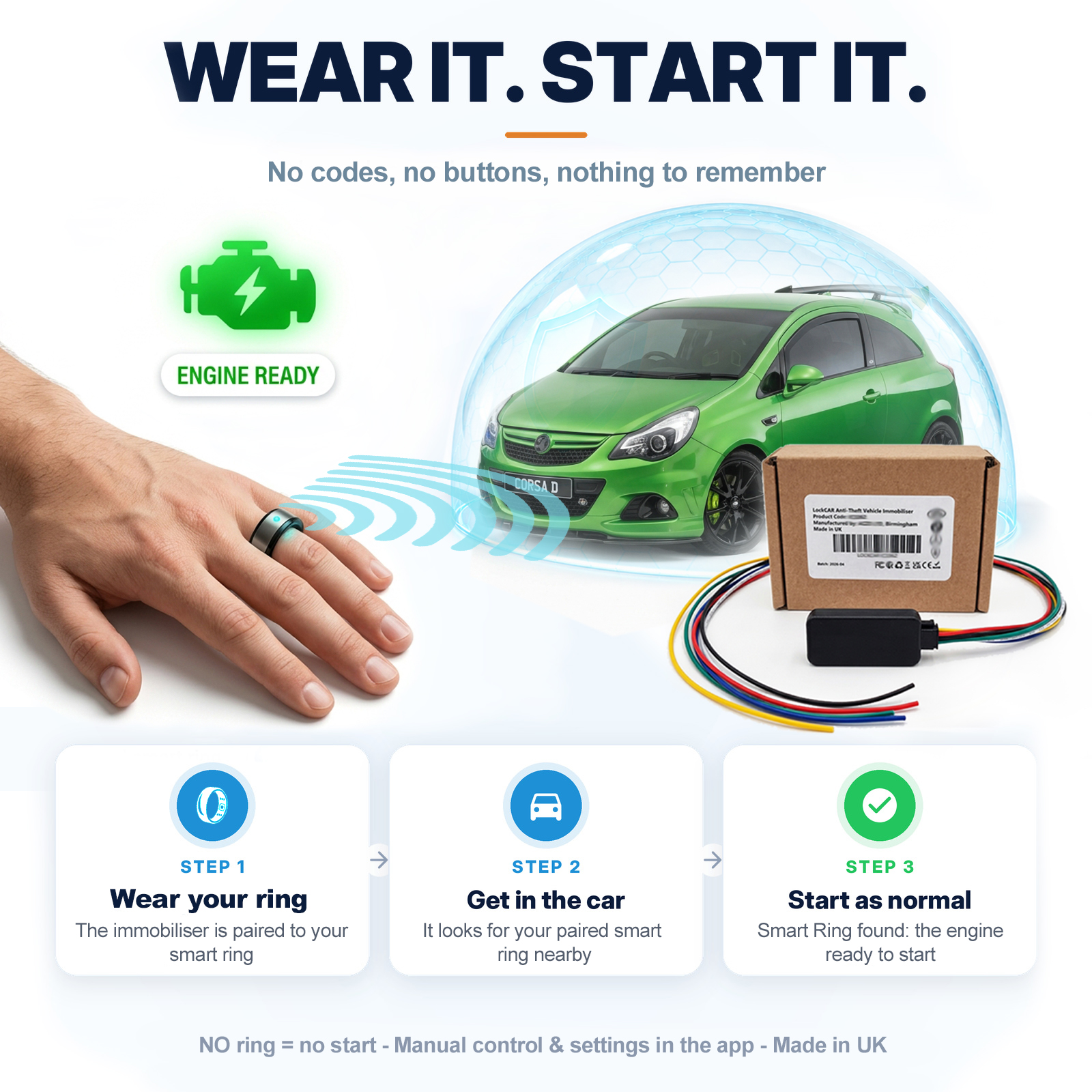 Affordable aftermarket digital key immobiliser with hidden engine block and smart ring start