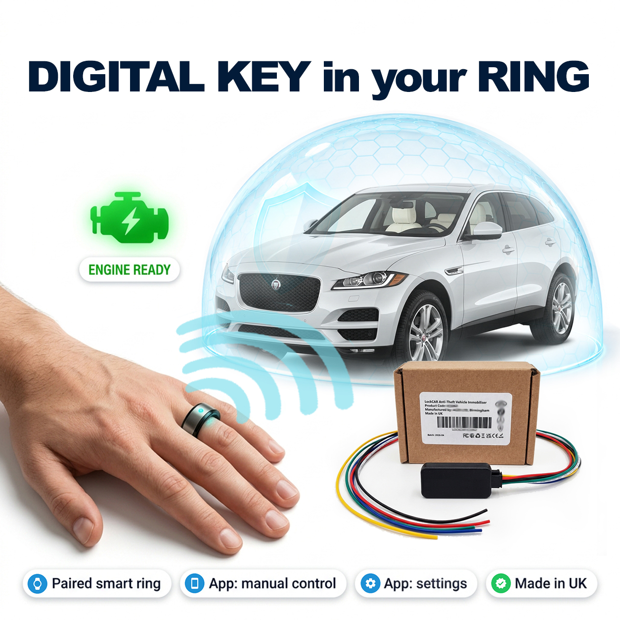 LockCar app used to arm and disarm a smart ring digital key car immobiliser
