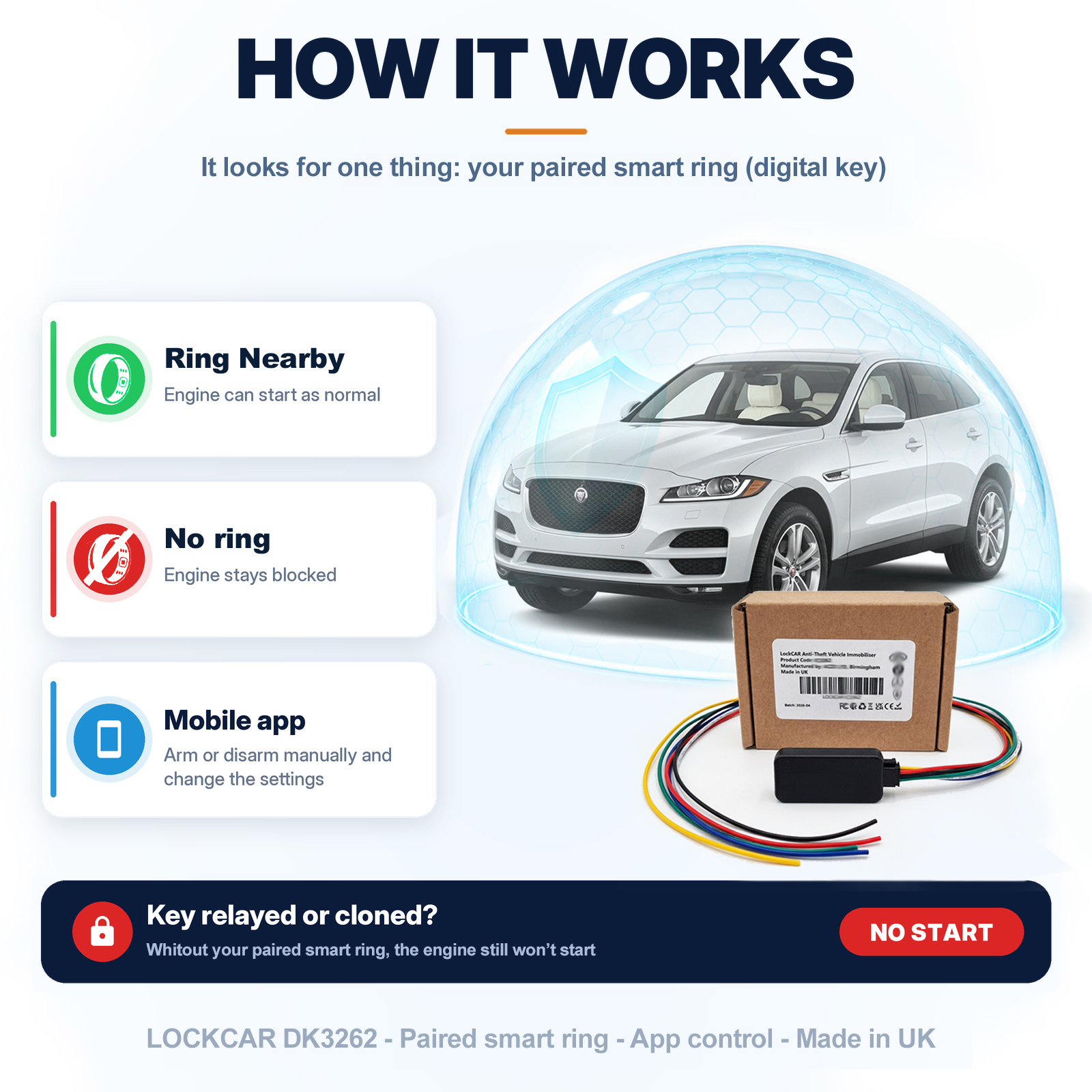 LockCar mobile app screens for arming, disarming and configuring the immobiliser