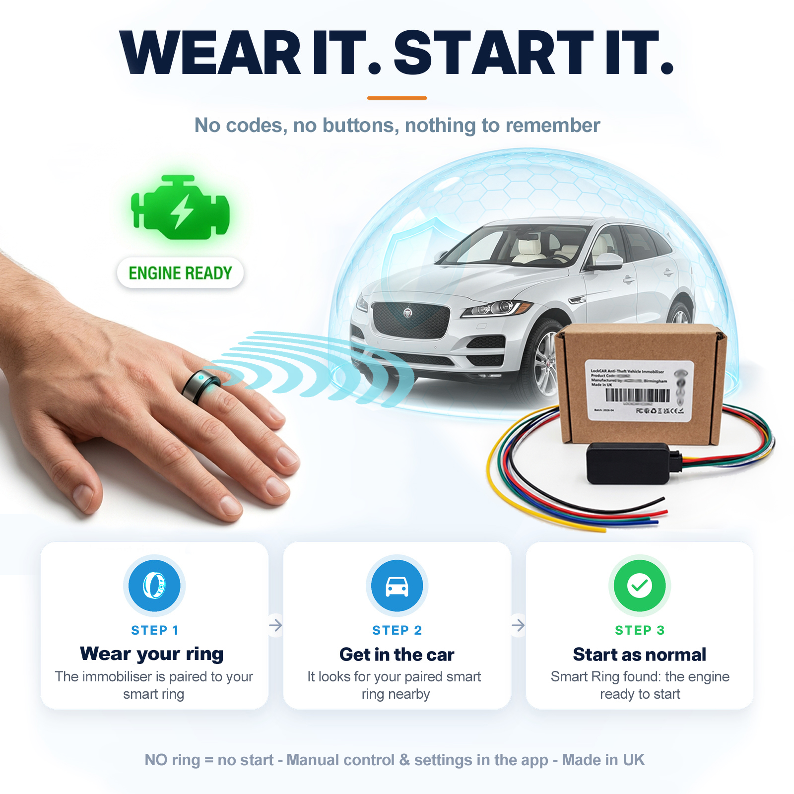 Smart ring and phone app used together to control a digital key car immobiliser