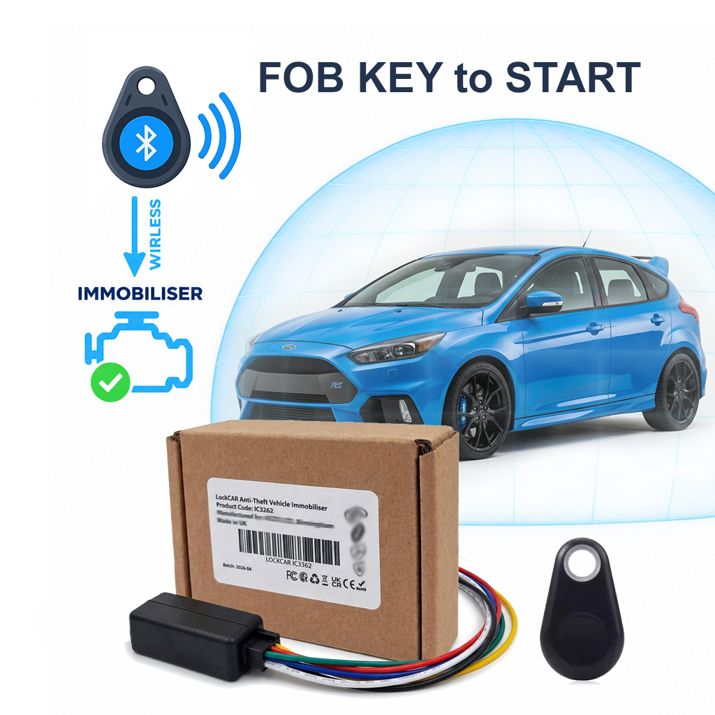 Bluetooth car immobiliser tag fob held in a hand beside the door of a keyless car