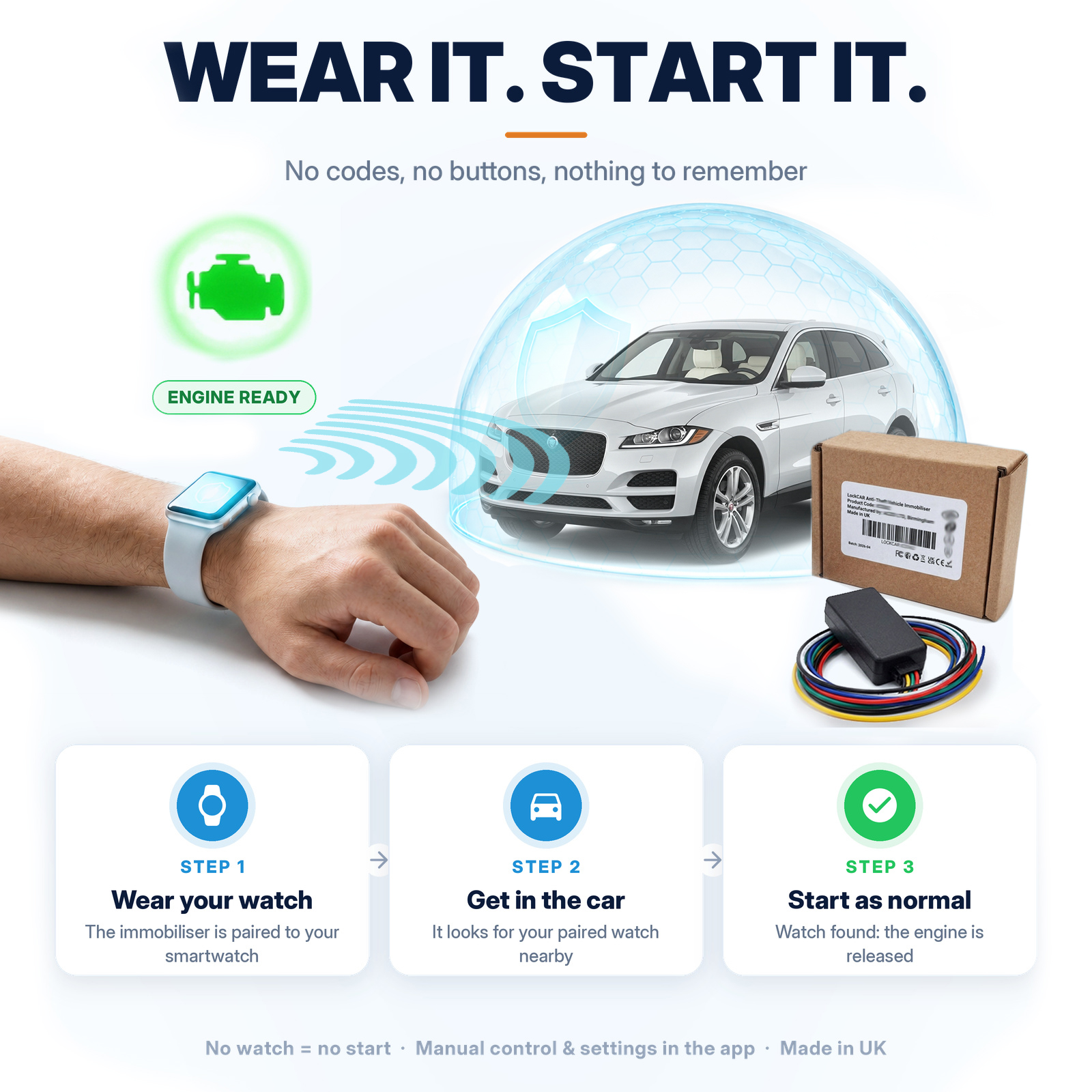 Smart car immobiliser LockCar SMART-IC3262 using an existing smartwatch as the key