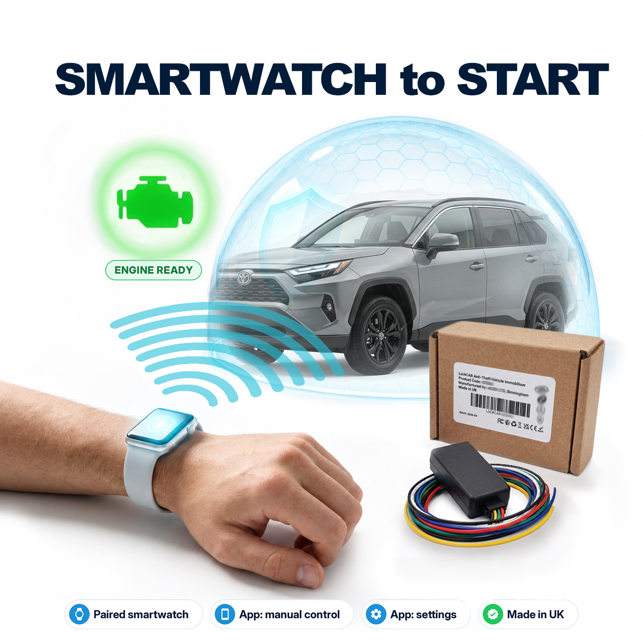 Hands-free car immobiliser releasing the engine as a driver wearing a paired smart watch presses start
