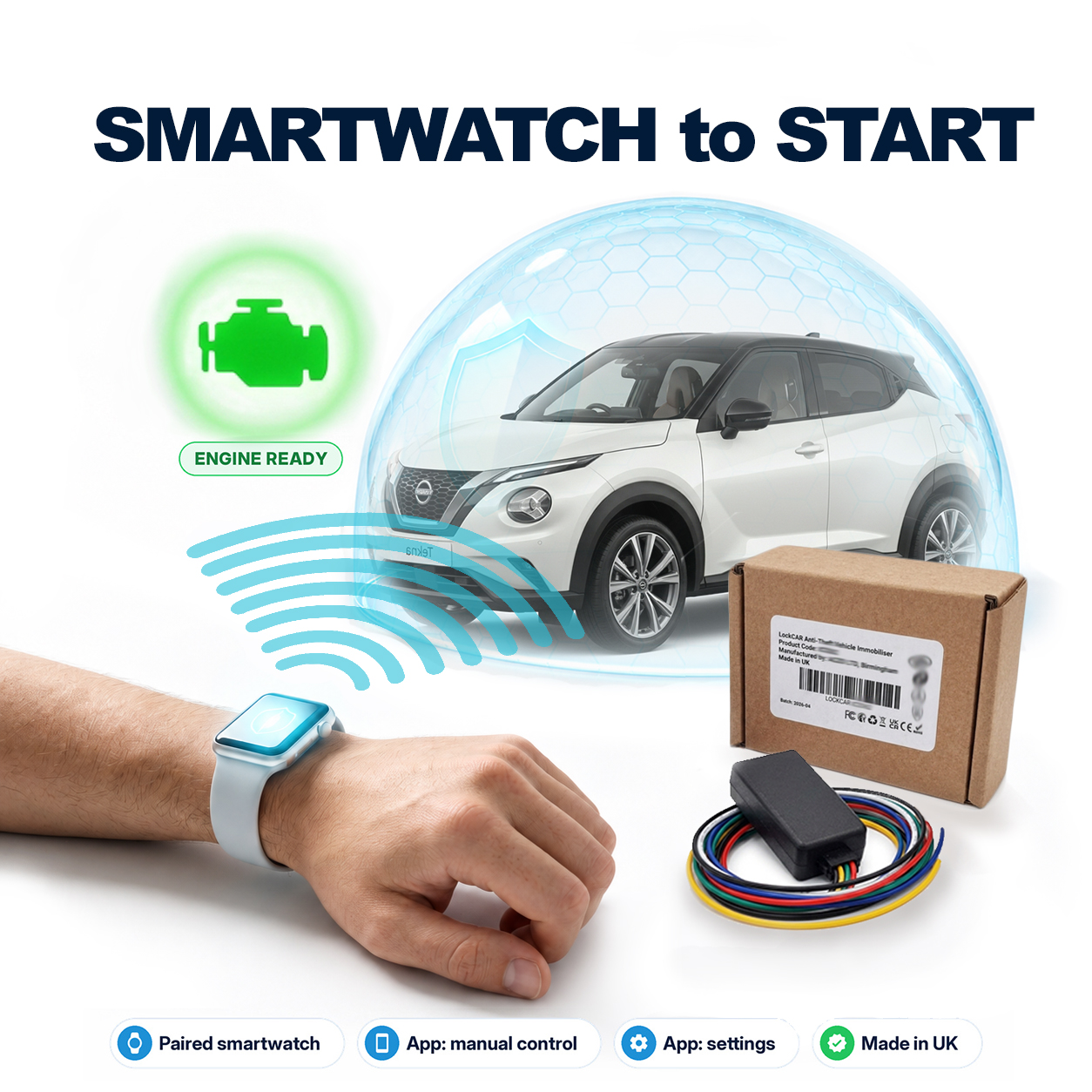 Aftermarket anti theft car immobiliser kit with module and wiring loom, controlled by a smartwatch