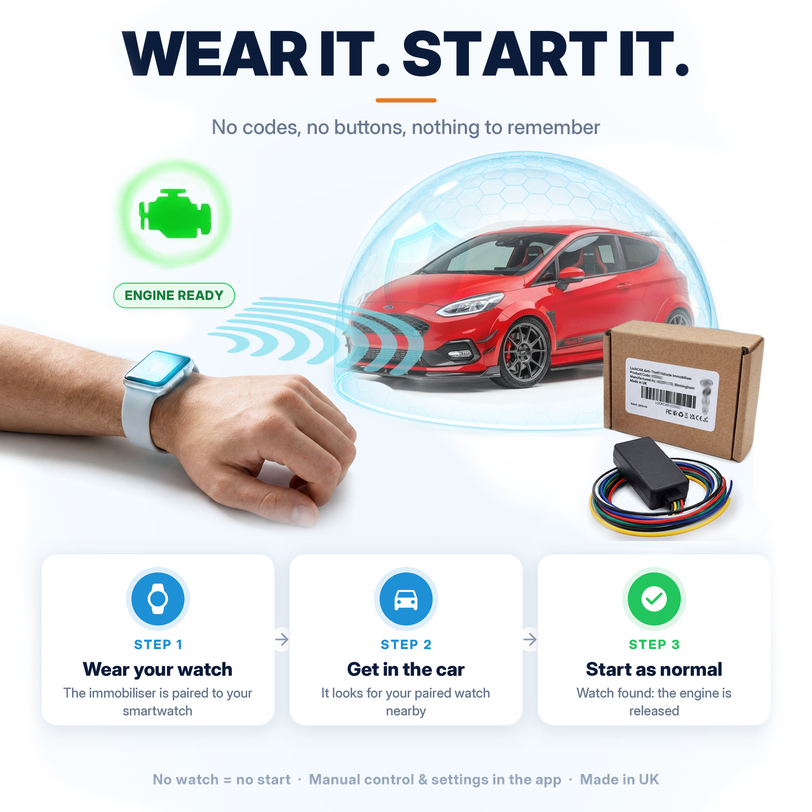 Car immobiliser with no PIN code keypad and no tag fob, released by a paired smartwatch