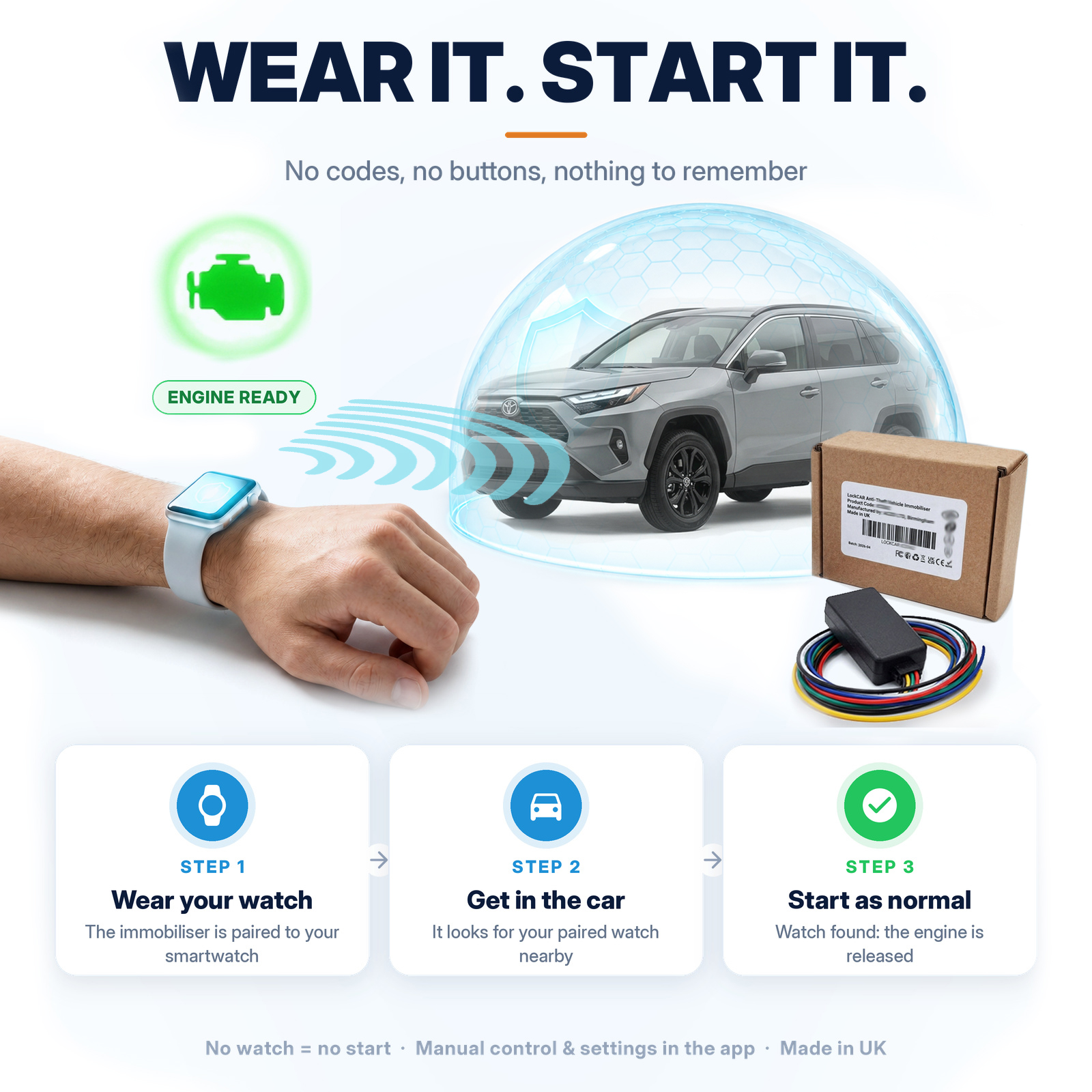 Hands free car immobiliser recognising a smart watch while the driver carries shopping