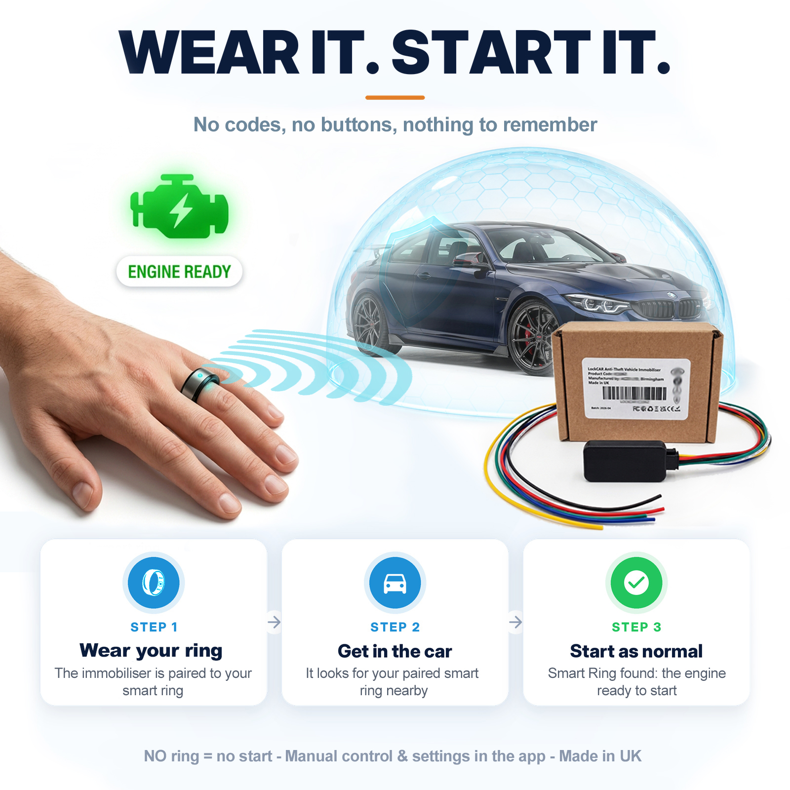 UK made digital key immobiliser started by a paired smart ring