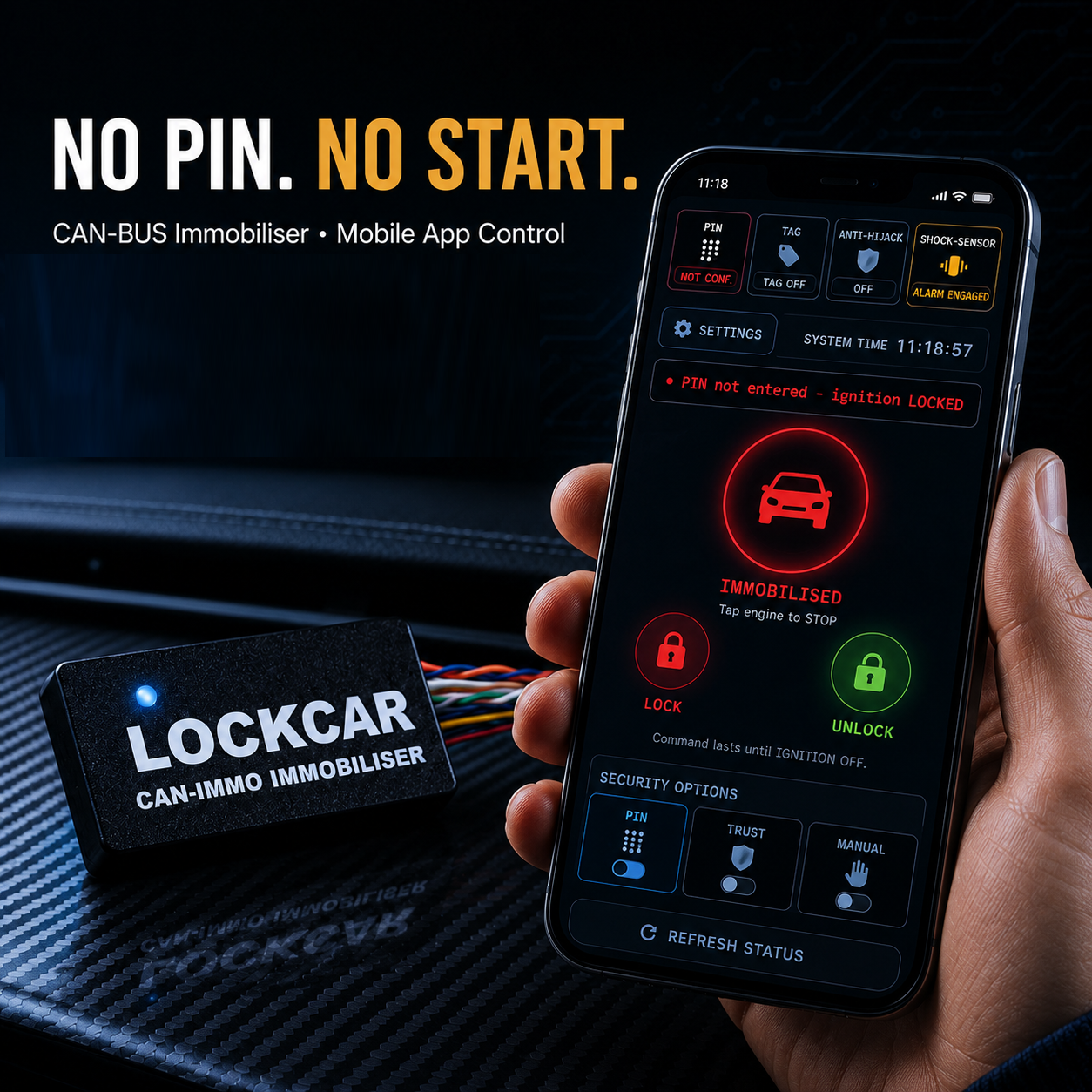 Illustration of the LockCar anti hijack function stopping a car taken while the engine is running