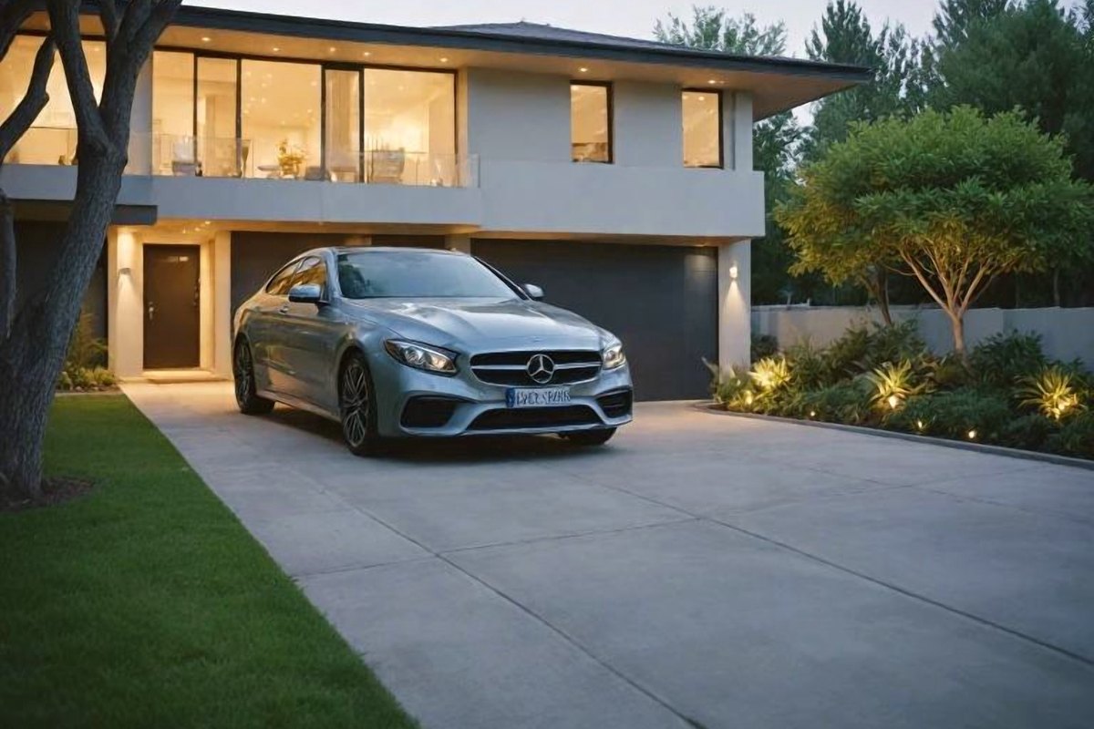 A silver saloon parked safely on the driveway of a modern house at dusk