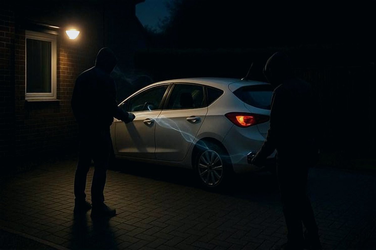 Two hooded figures beside a parked hatchback at night, with the keyless signal shown as a glowing trail