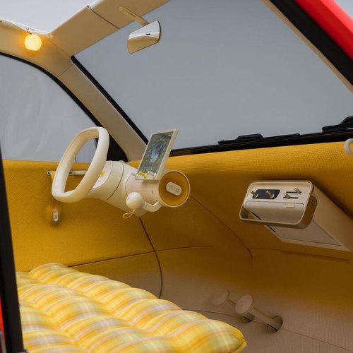 Steering wheel, small screen and removable radio in the 2CV concept