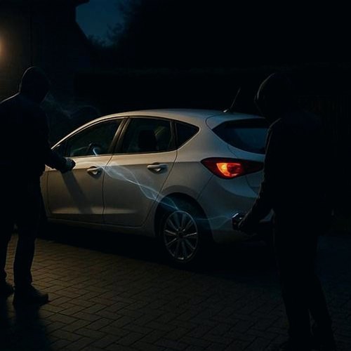 Two hooded figures relaying the keyless signal to a parked car