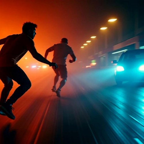 Two figures running away down a street at night